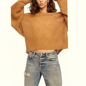 Free People Lulu Oversized V-Neck Sweater in Birchwood Brown M NWOT